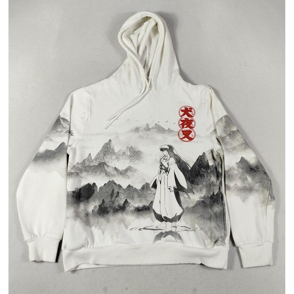 InuYasha‎ Hoodie Sweatshirt Mens Small White Anime Graphic Pullover Fleece Anime